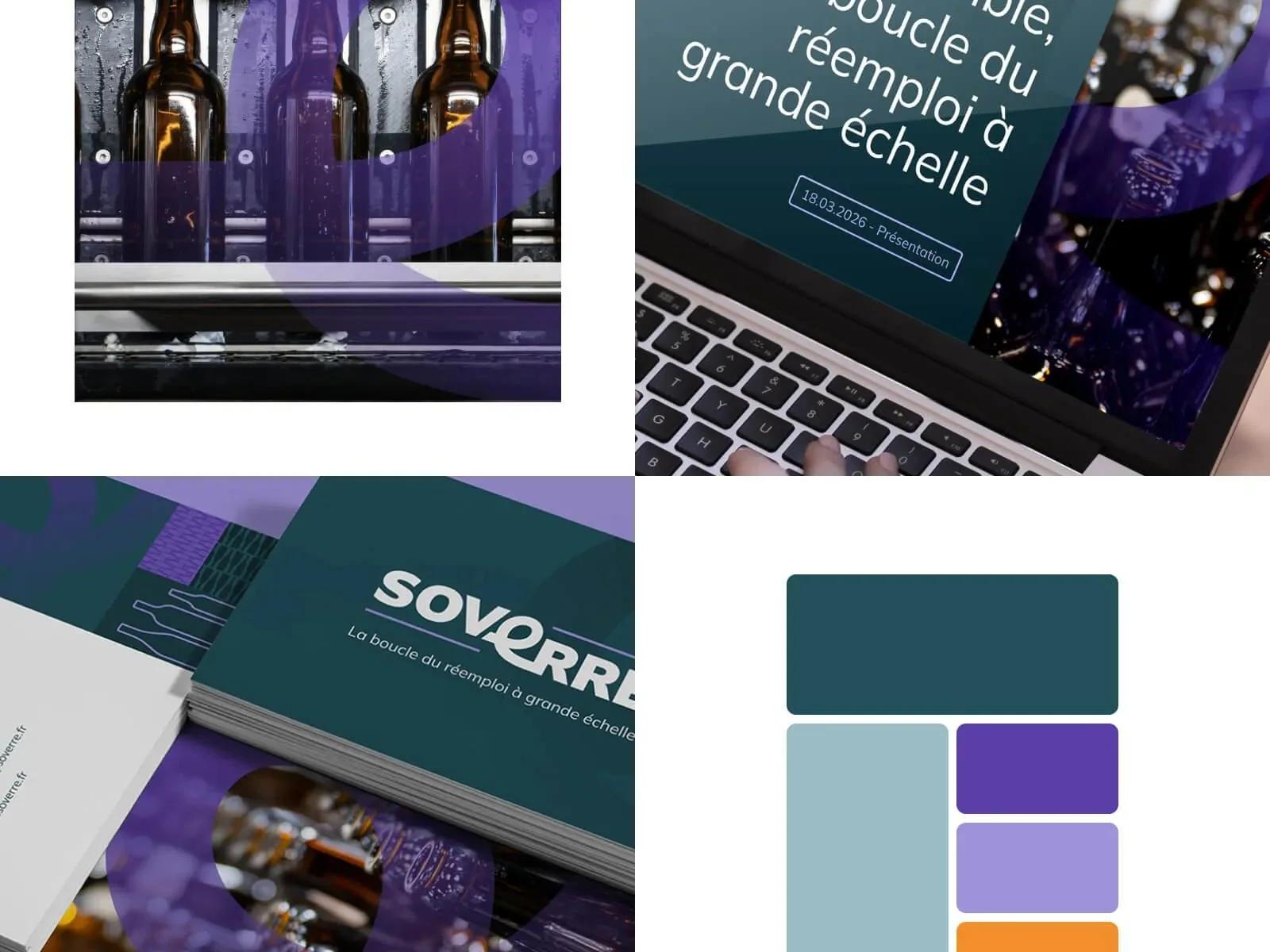 Identité visuelle Soverre déclinée sur une présentation, un ordinateur et une palette de couleurs