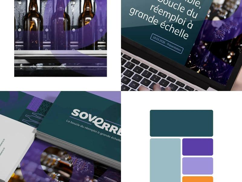 Identité visuelle Soverre déclinée sur une présentation, un ordinateur et une palette de couleurs