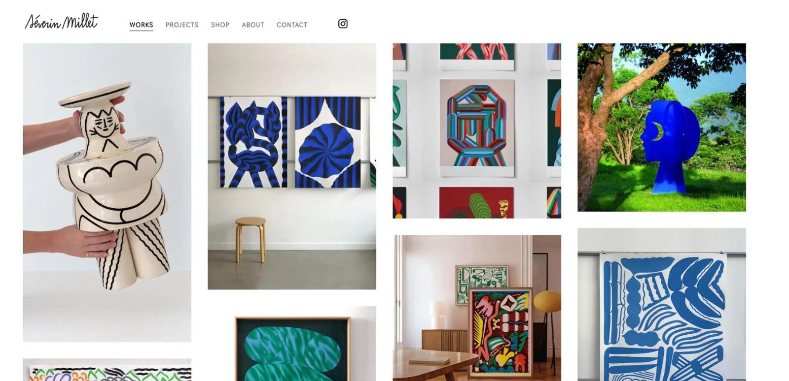 Page « Works » : grille de ses œuvres, céramiques, peintures et sculptures