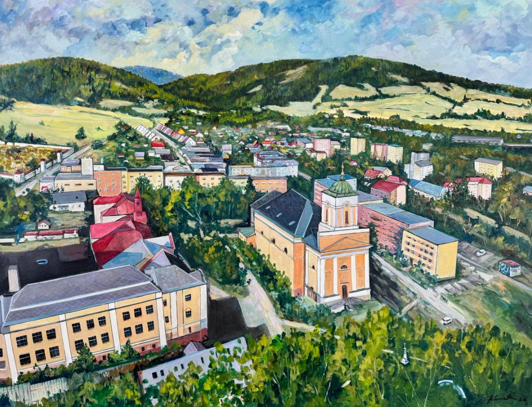Panorama Vrbna — olej na plátně