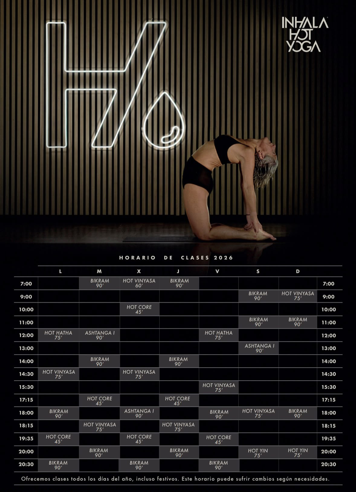 Horário das Aulas Outubro 2026 no Inhala Hot Yoga Madrid