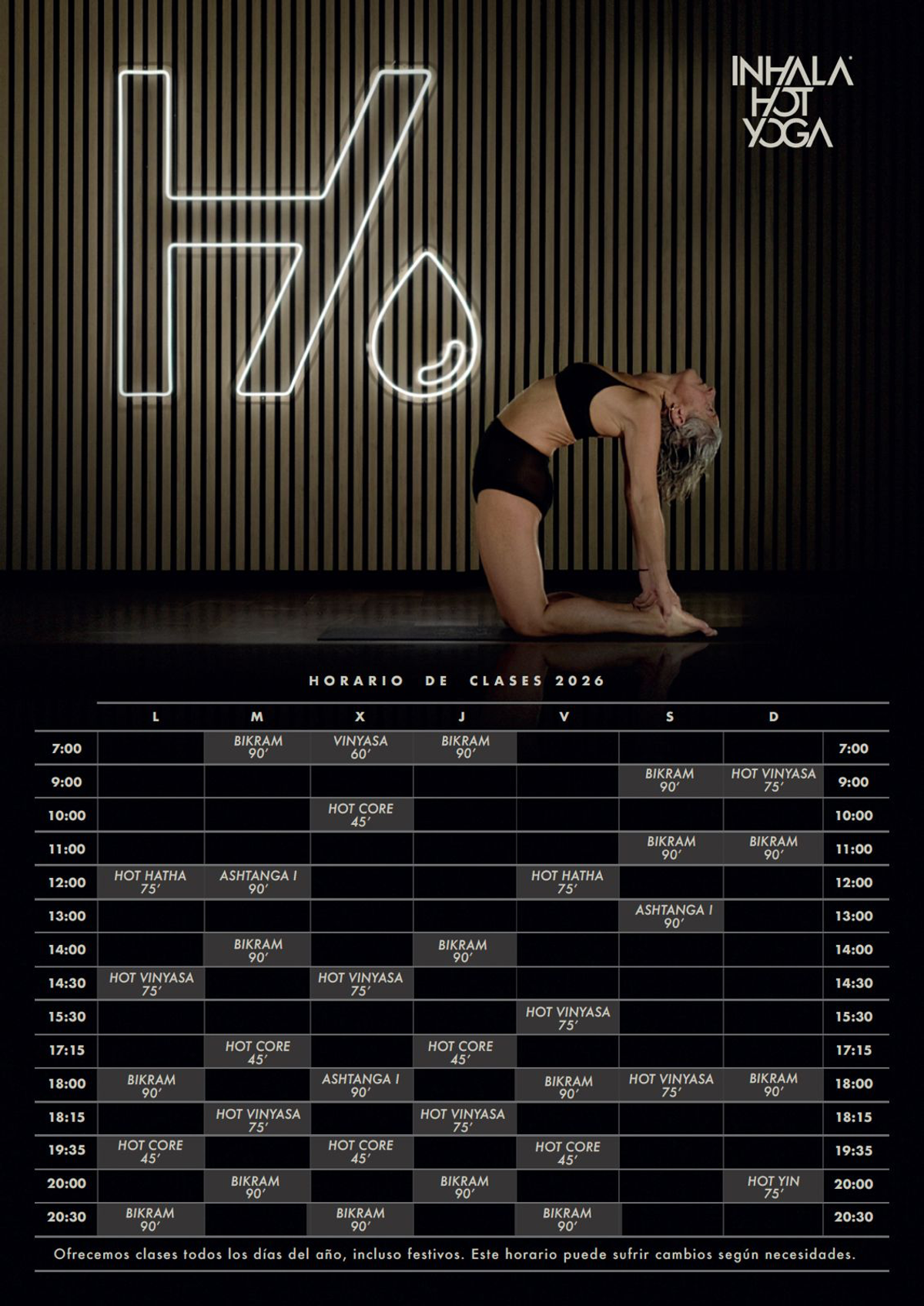 Orario delle Lezioni Settembre 2026 presso Inhala Hot Yoga Madrid