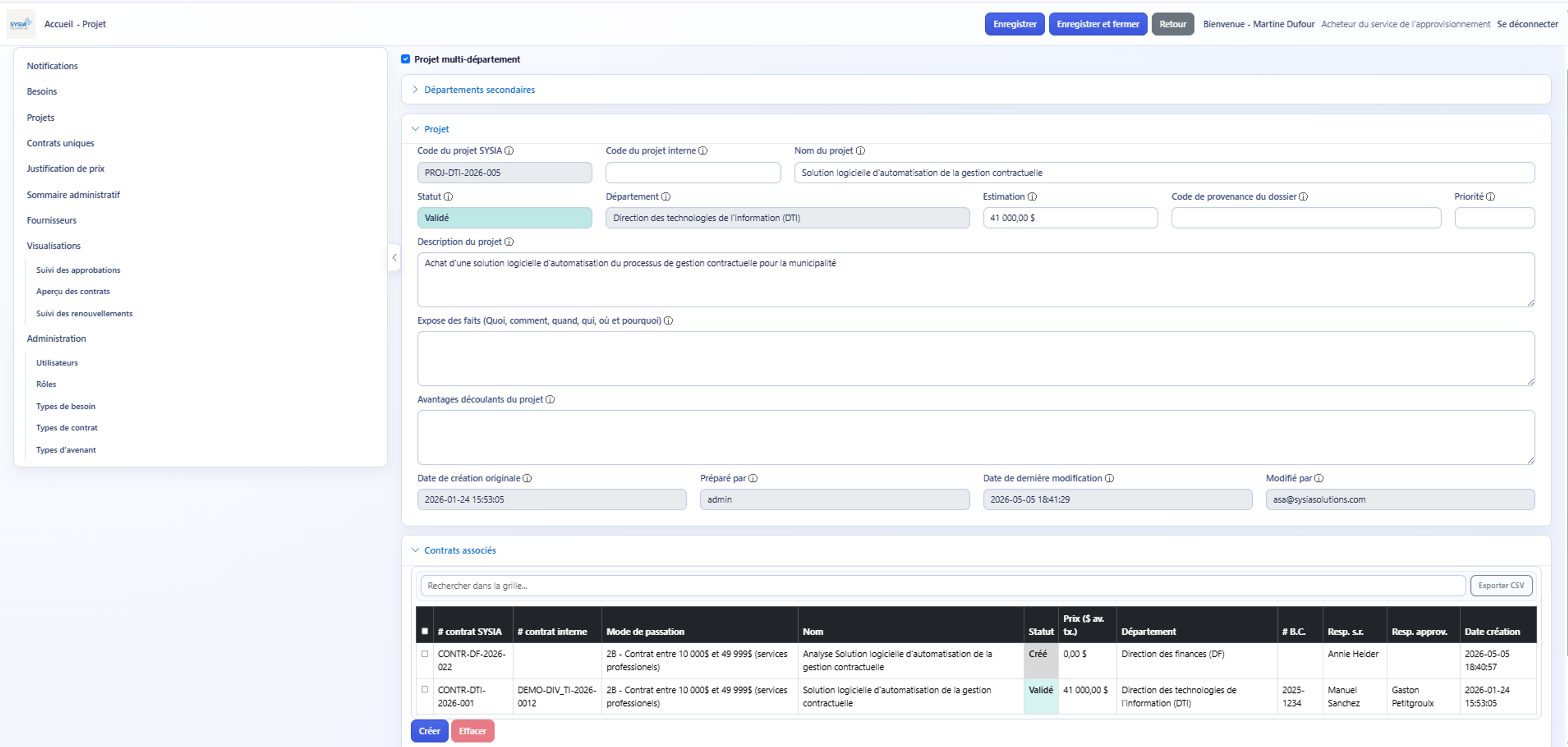 Gestion de projets regroupant un ou plusieurs contrats