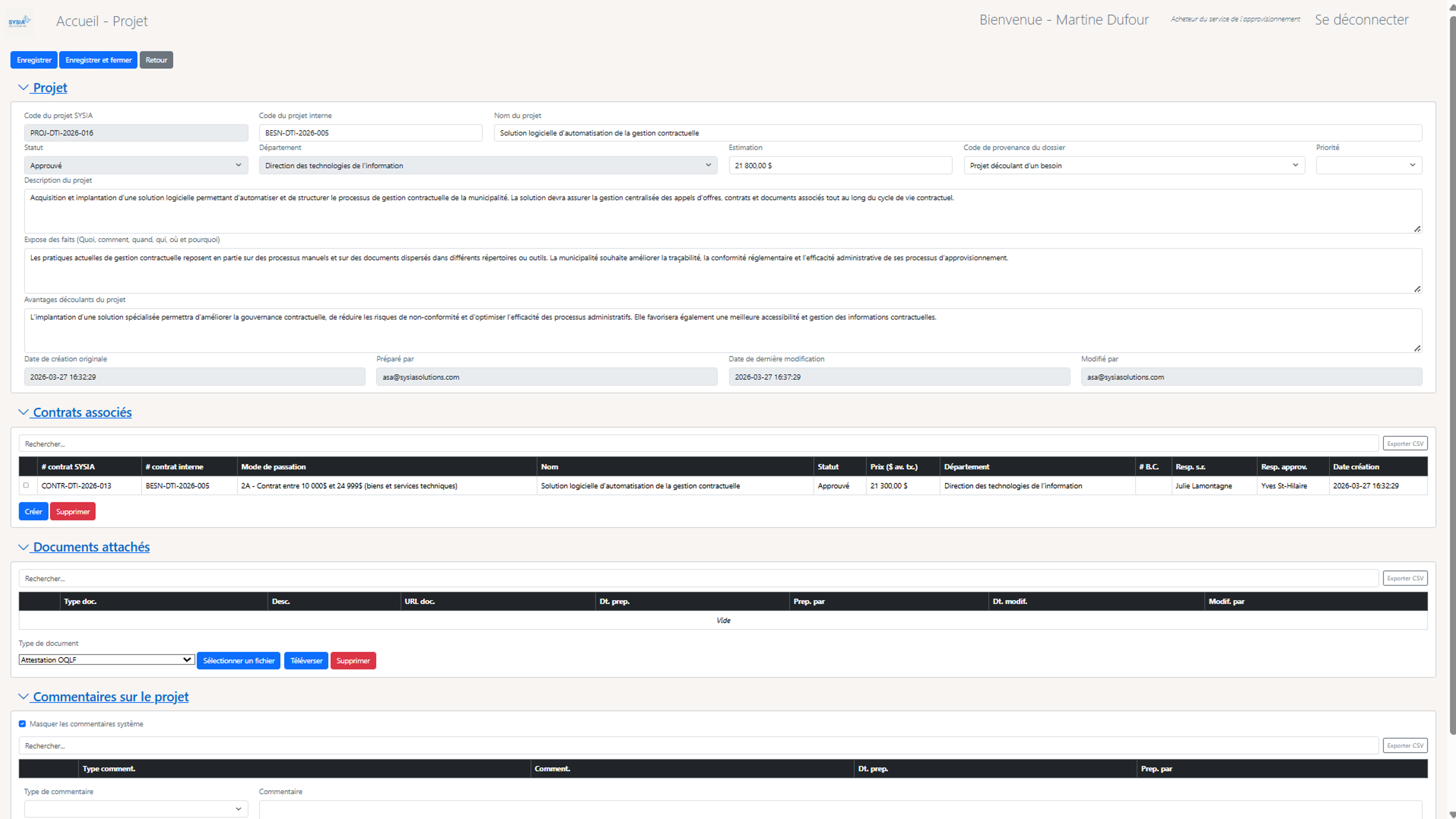 Création automatique d’un projet, d’un contrat et des soumissions à partir d’un besoin