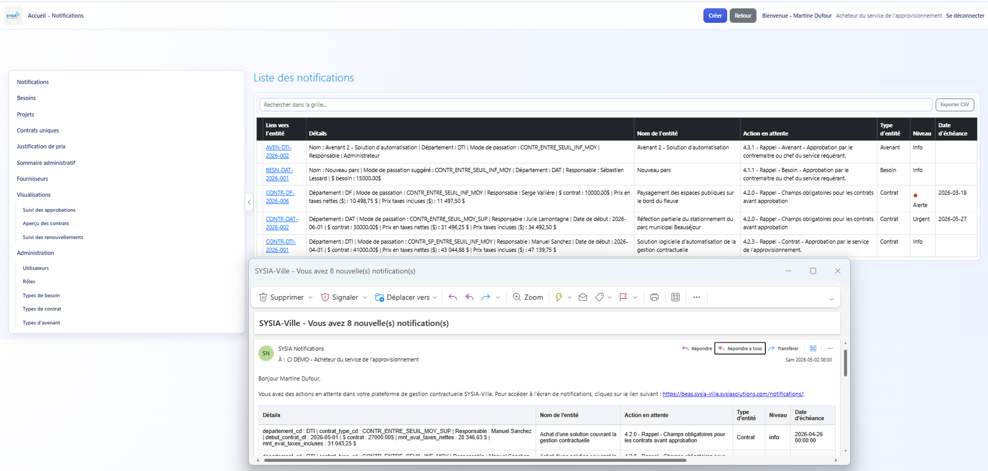 Notifications automatiques des flux contractuels et des approbations