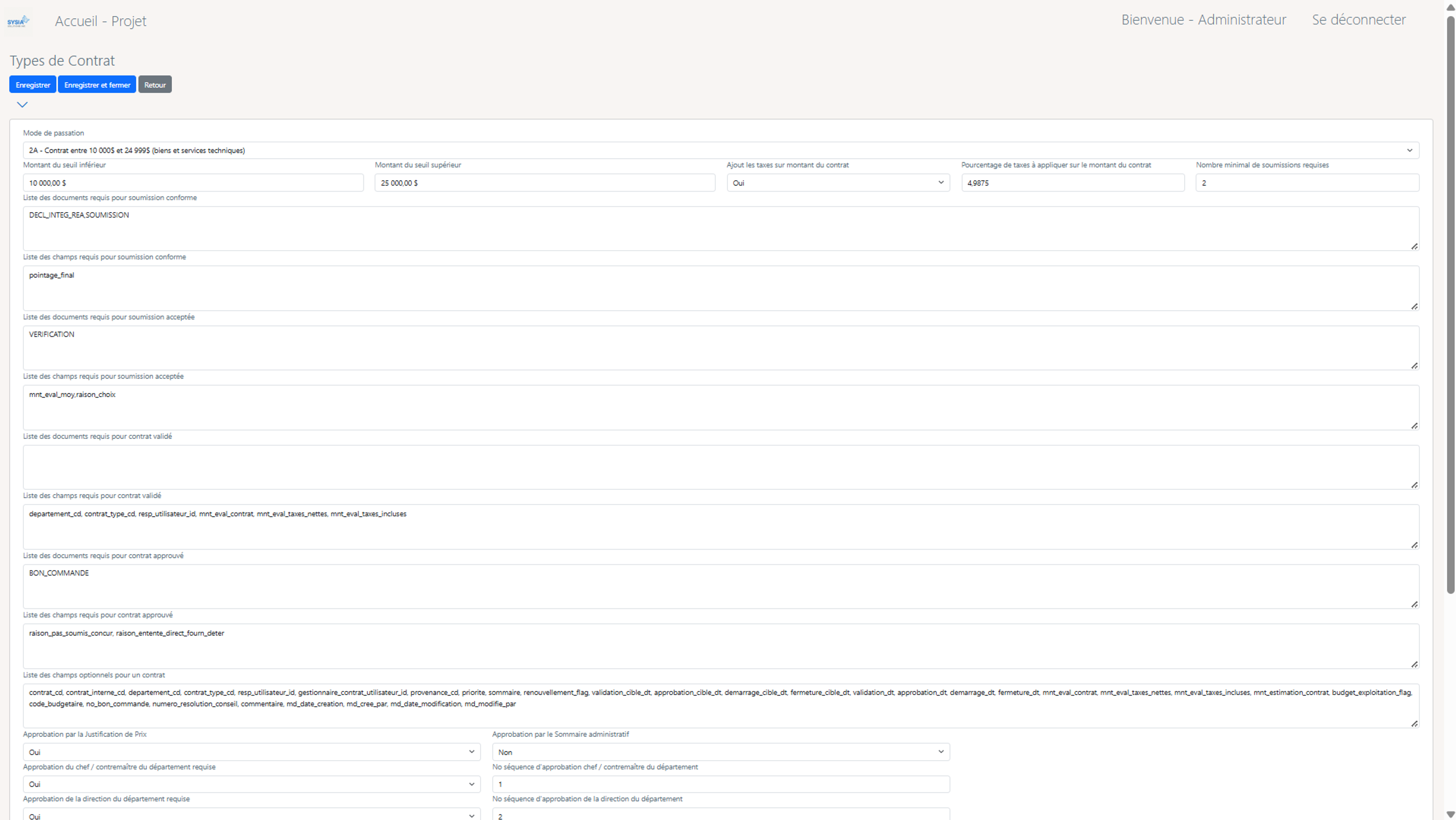 Paramétrisation simple selon les modes de passation contractuelle