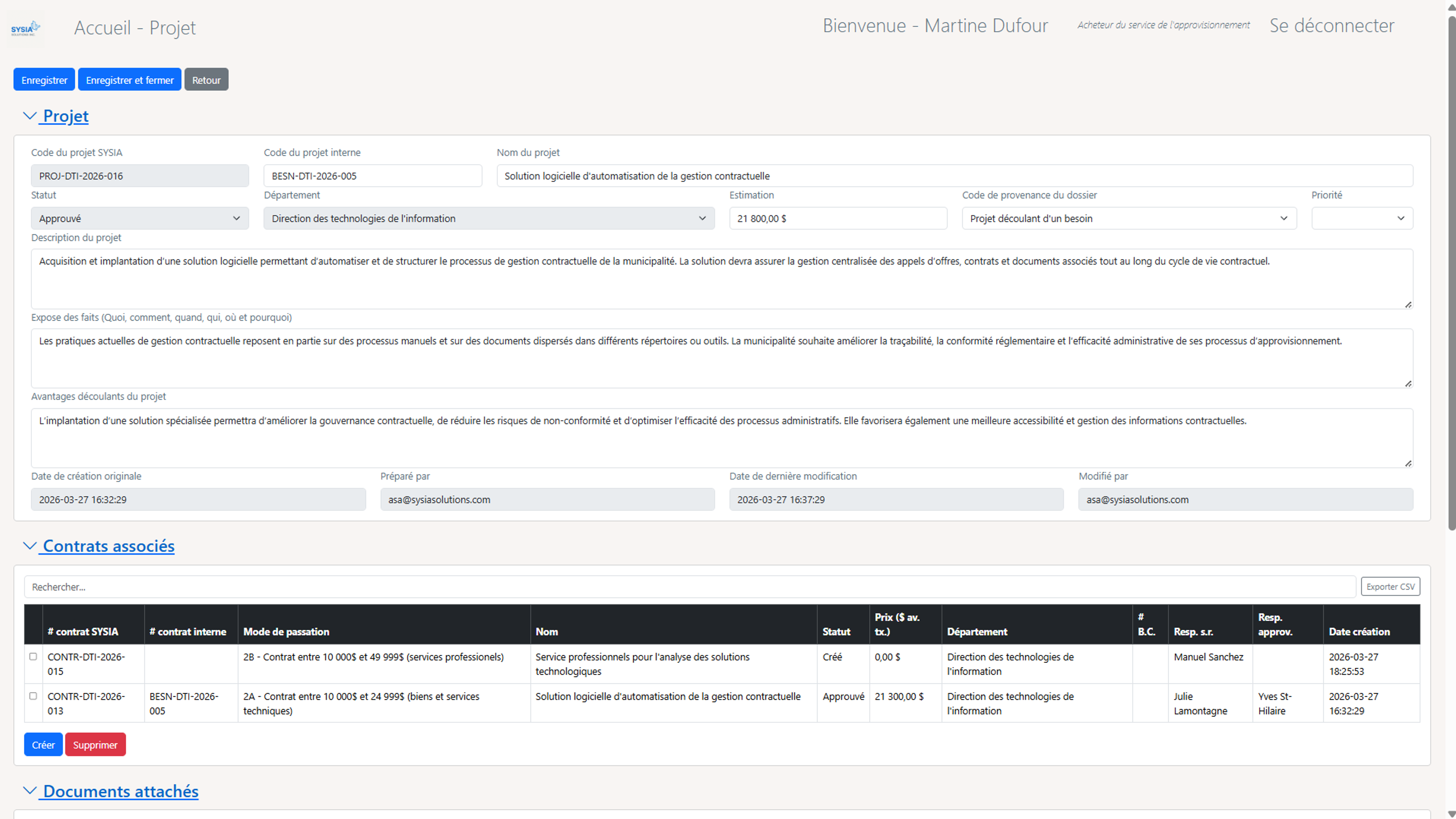 Gestion de projets regroupant un ou plusieurs contrats