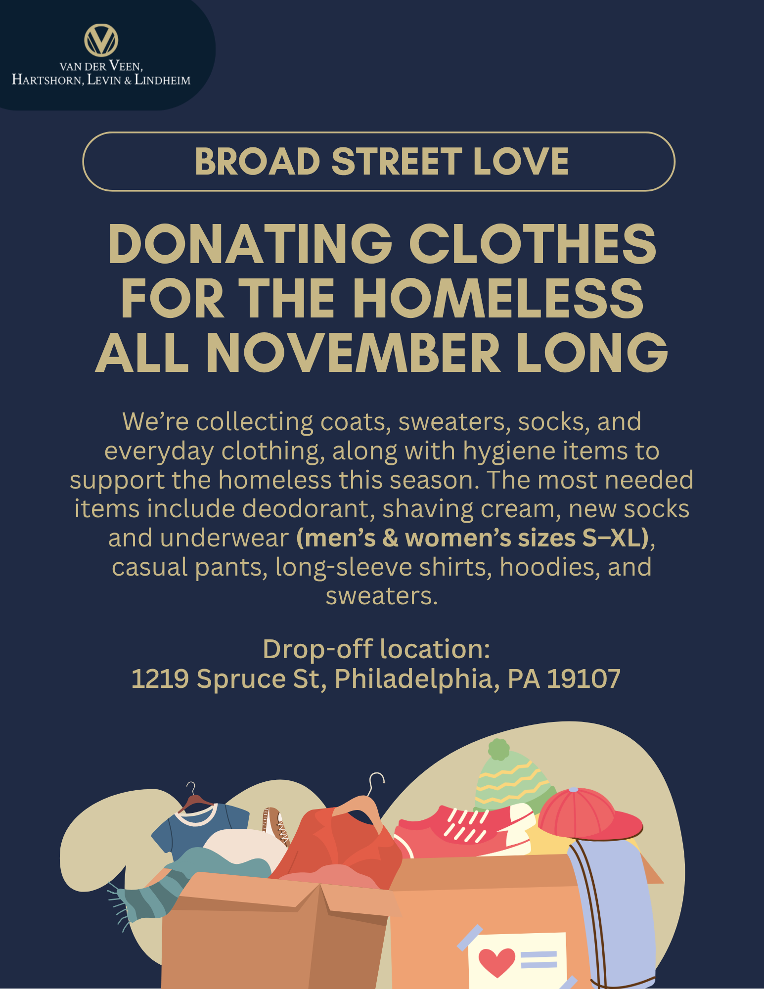 A holiday clothing-drive flyer from van der Veen, Hartshorn, Levin & Lindheim announcing donations for Broad Street Love to support unhoused Philadelphians.