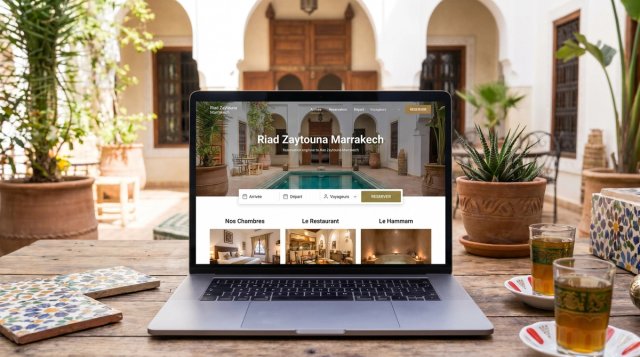 Mockup d'un site web pour un riad à Marrakech affiché sur un MacBook, avec module de réservation directe, posé sur une table en bois avec thé à la menthe et carreaux de zellige marocains