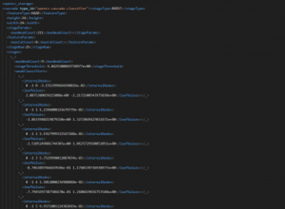 The first few lines in the haarcascade_frontalface_default.xml file