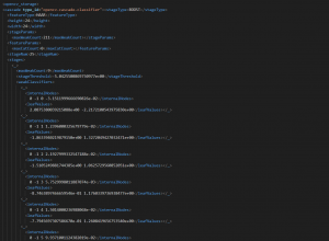 The first few lines in the haarcascade_frontalface_default.xml file