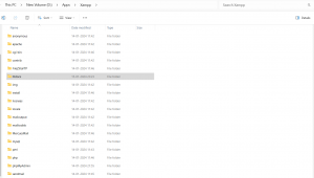 Navigating towards the "htdocs" folder in the XAMPP installation folder