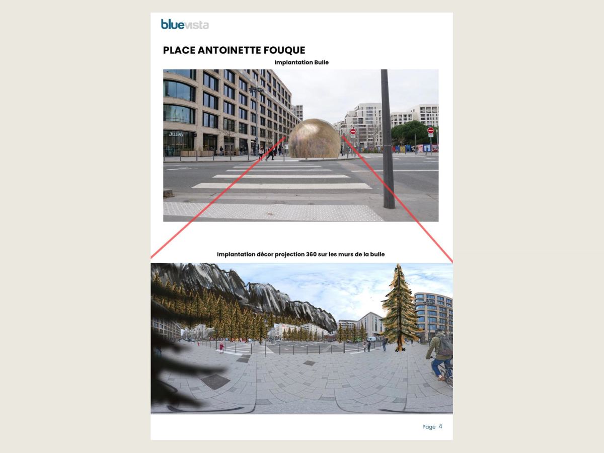 Page du dossier d'implantation : la bulle dessinée sur la place Antoinette-Fouque, et en dessous la vue à 360° de la place avec mélèzes et montagnes peints par-dessus