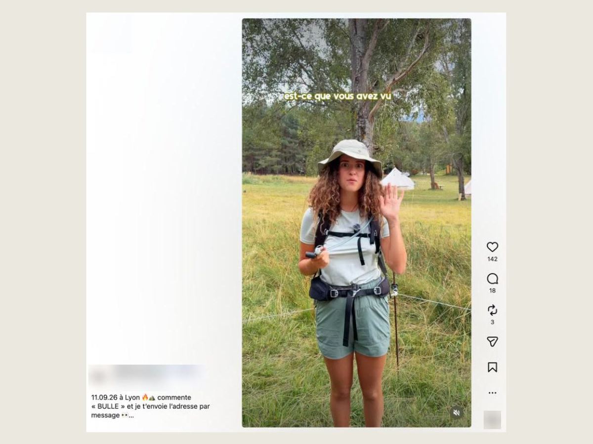 Capture d'une publication Instagram, nom du compte flouté : une randonneuse en chapeau face caméra, légende annonçant le 11 septembre à Lyon