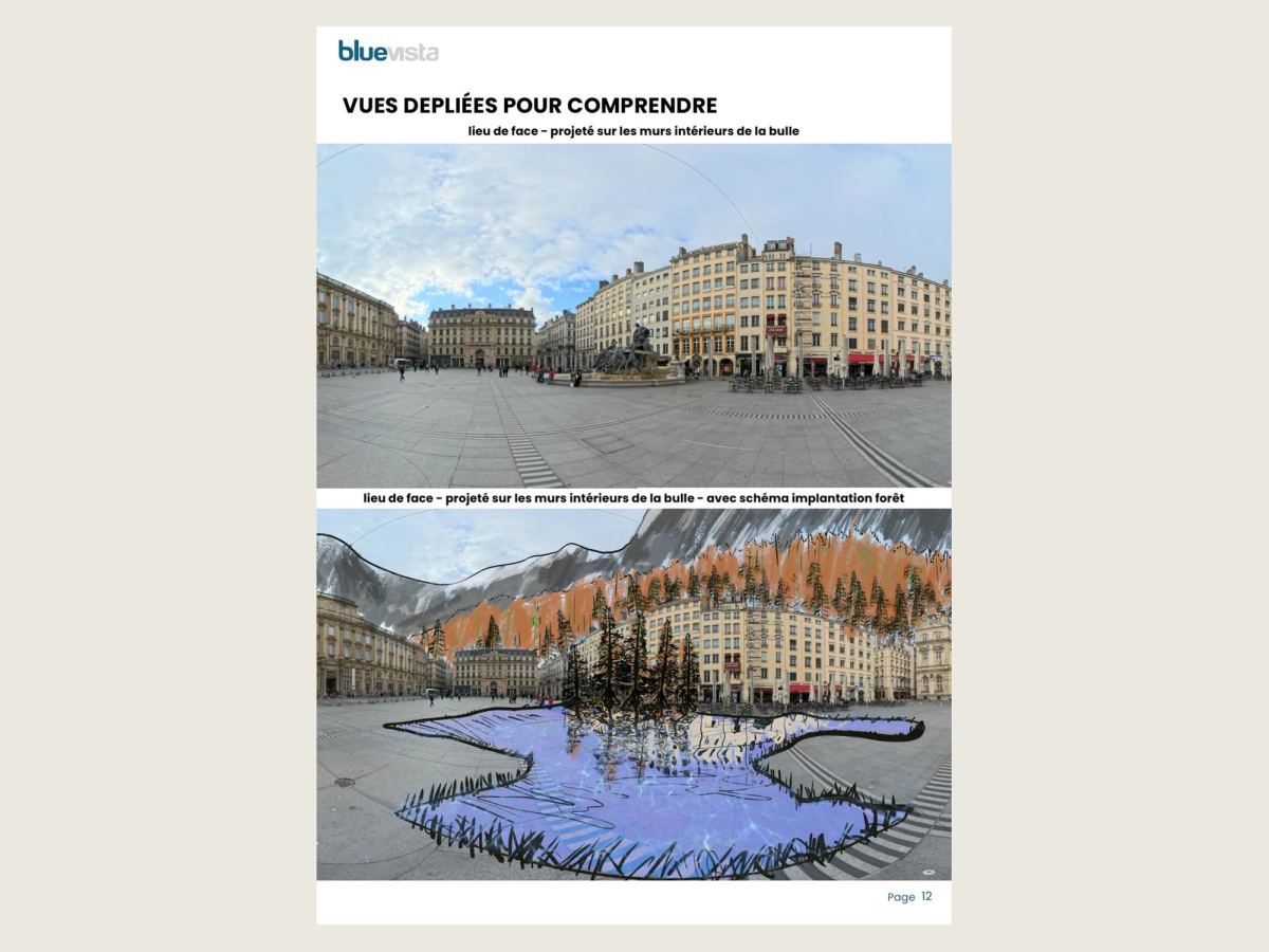 Page du dossier : en haut la place des Terreaux à 360°, en bas la même vue avec le lac et la forêt dessinés