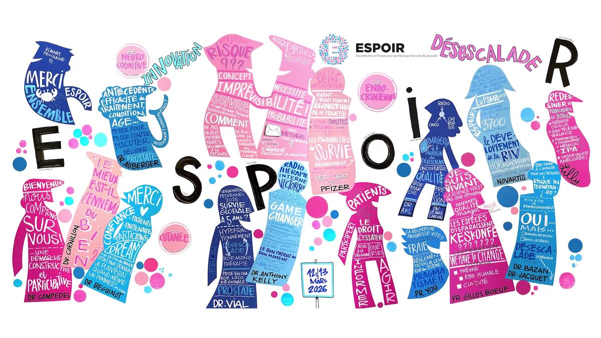 Fresque illustrée du congrès ESPOIR : des silhouettes roses et bleues forment les lettres du mot ESPOIR, remplies de phrases relevées pendant les sessions