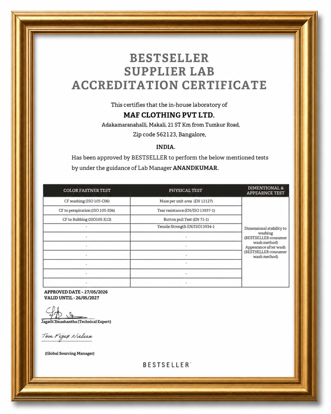BESTSELLER In-House Lab Accreditation Certificates - Image 1