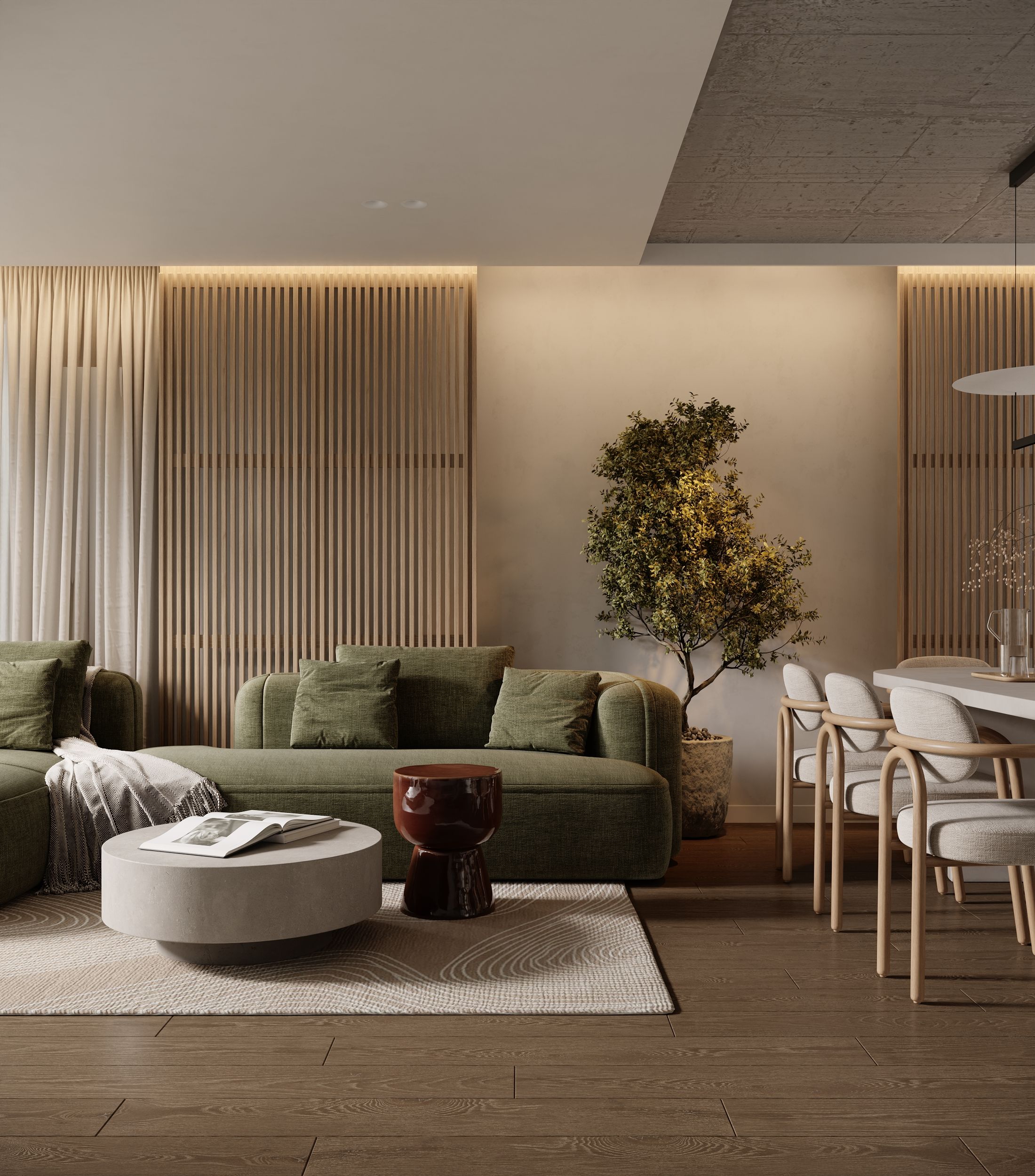 Curved green seating anchors the light TAVITA 7 living room