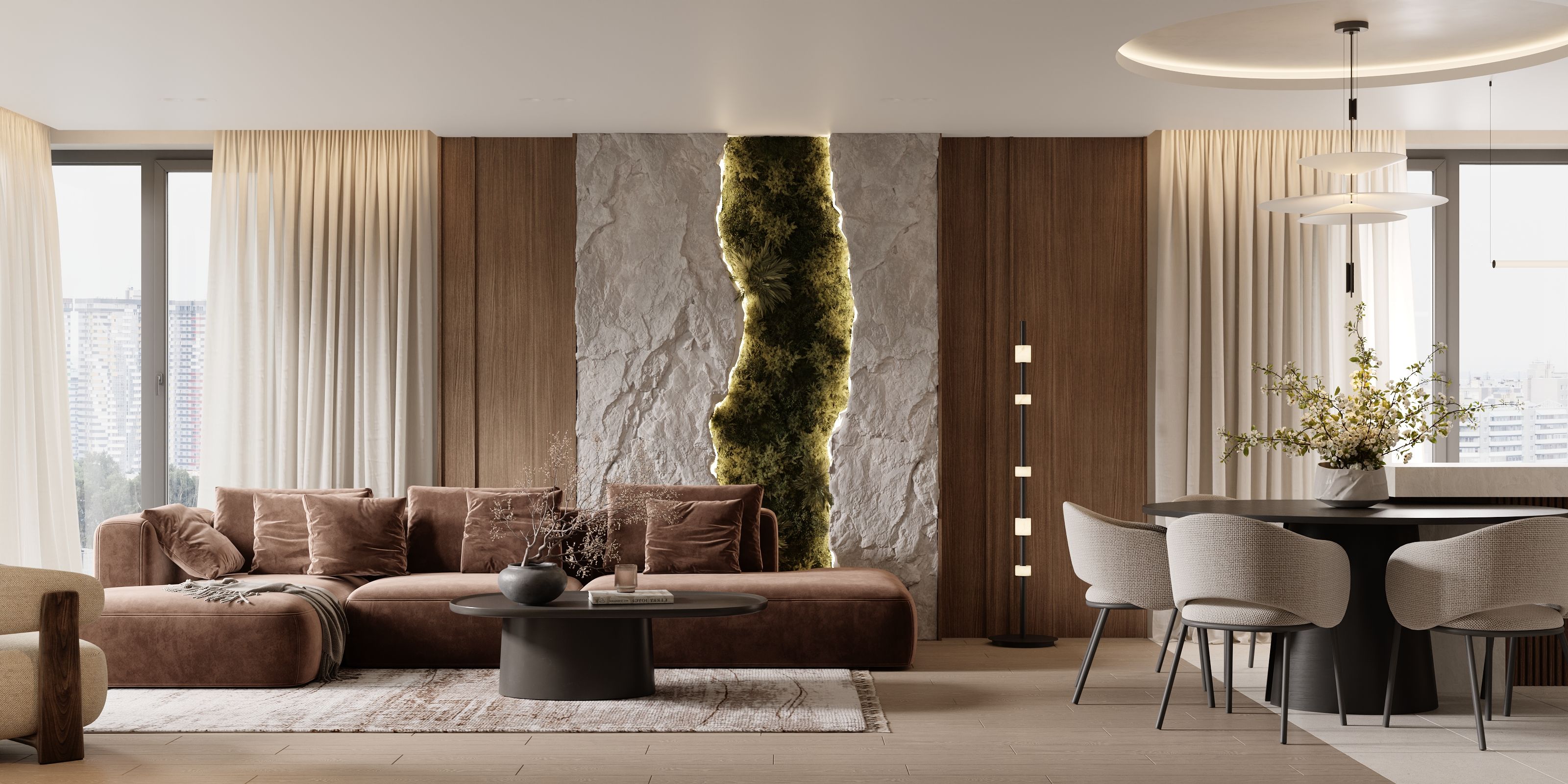 TAVITA 22 living room with sculptural seating and a planted feature wall