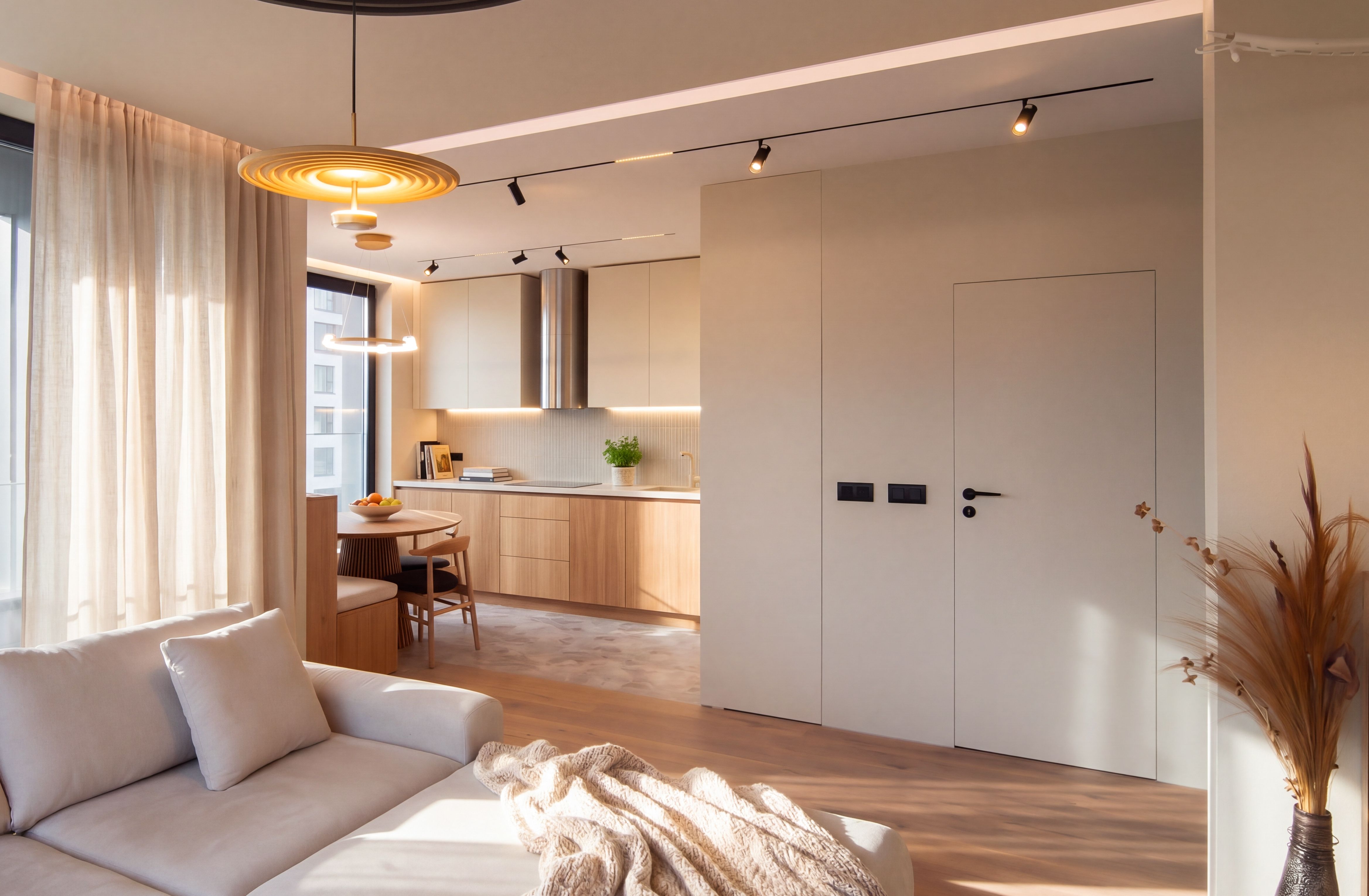Mona 3 open living space with the kitchen visible beyond the sofa