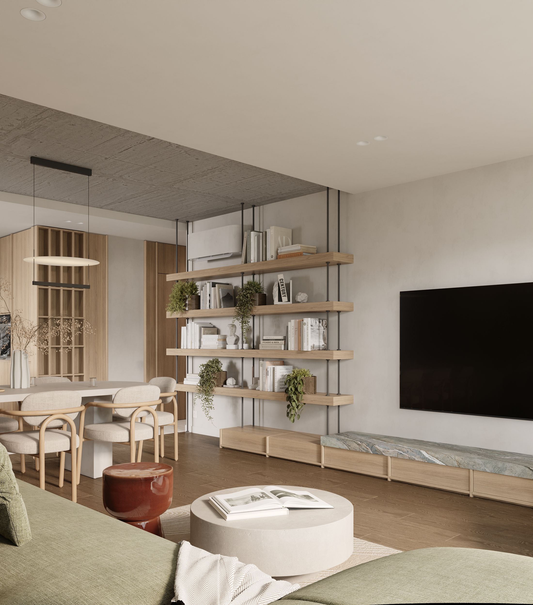 Open shelving and green seating in the TAVITA 7 living room
