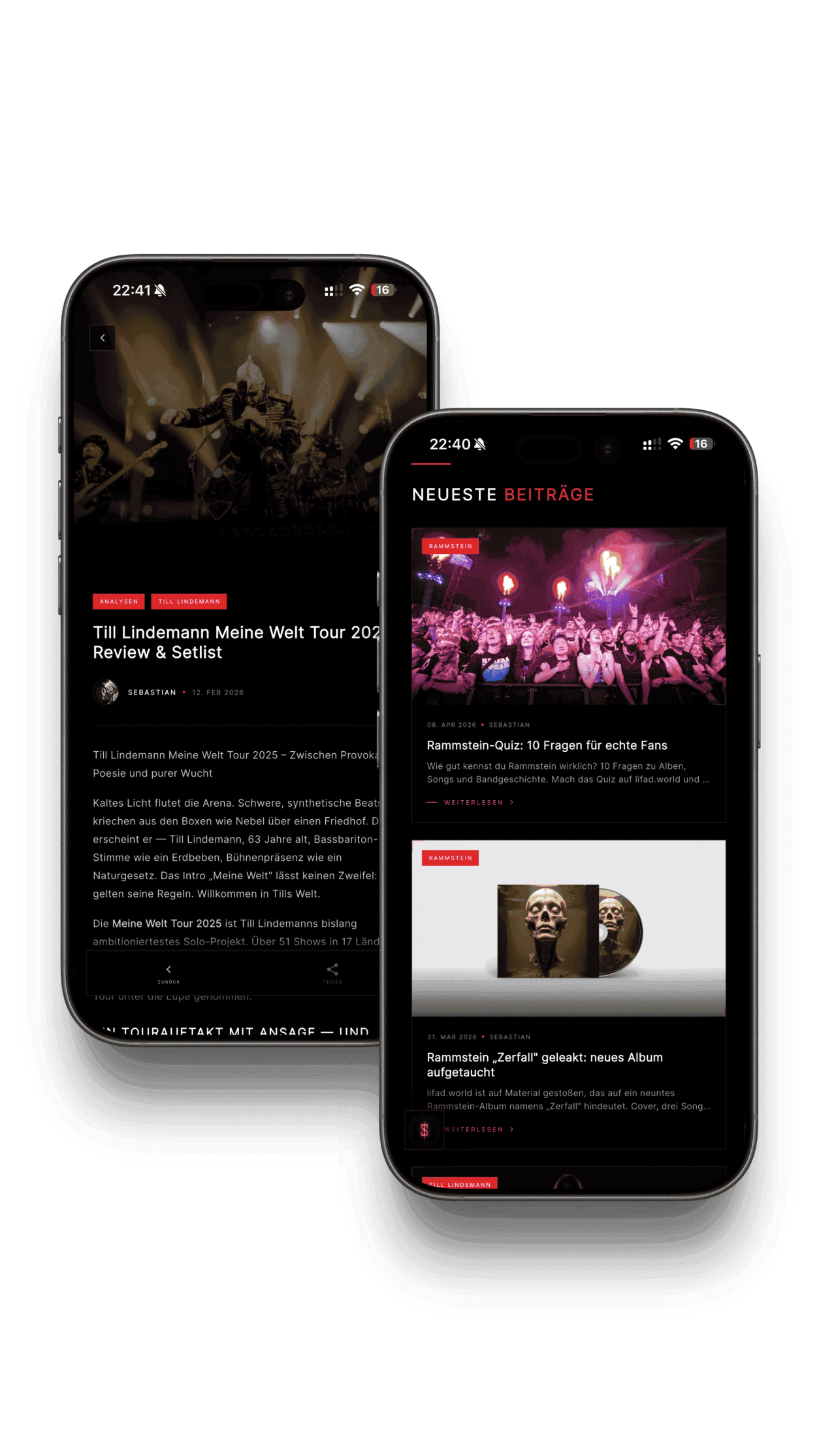 App-Screenshot: News-Feed mit Reviews und Konzert-Ankündigungen
