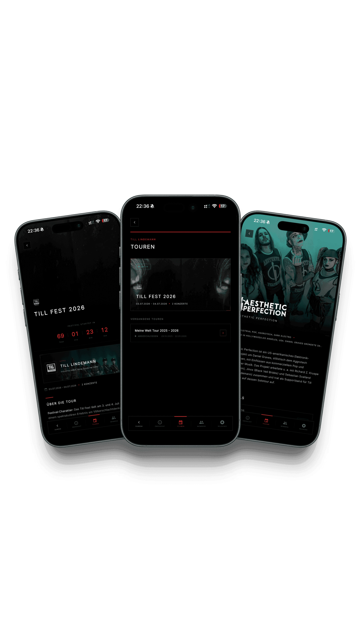 App-Screenshot: Tour-Übersicht mit Till Fest 2026, Countdown und vergangenen Touren