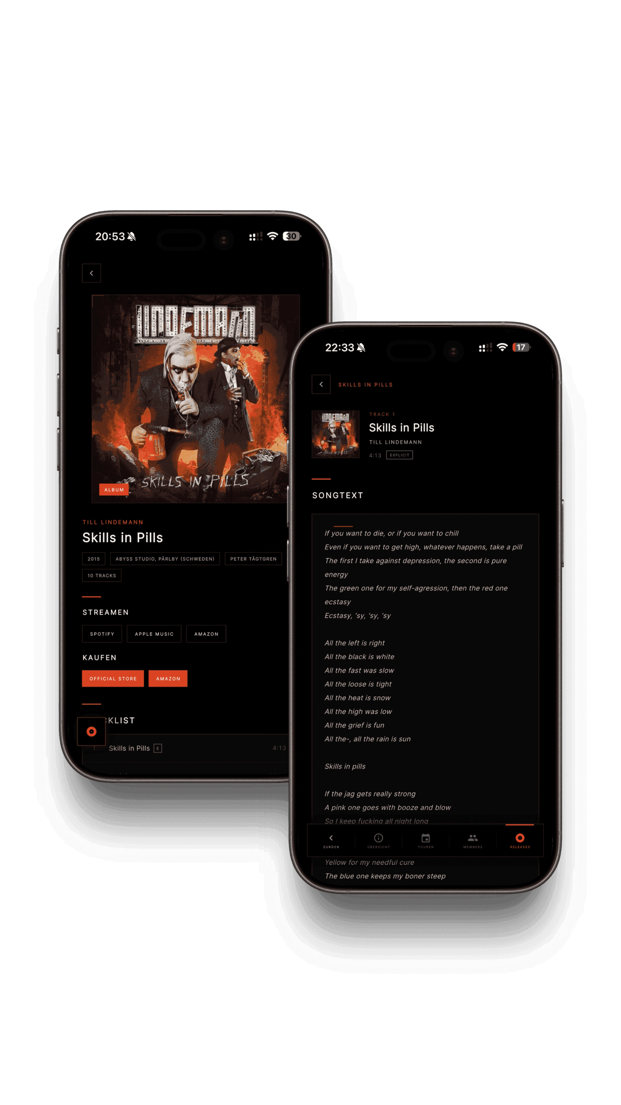 App-Screenshot: Release-Ansicht Skills in Pills mit Streaming-Links, Shop und Songtexten