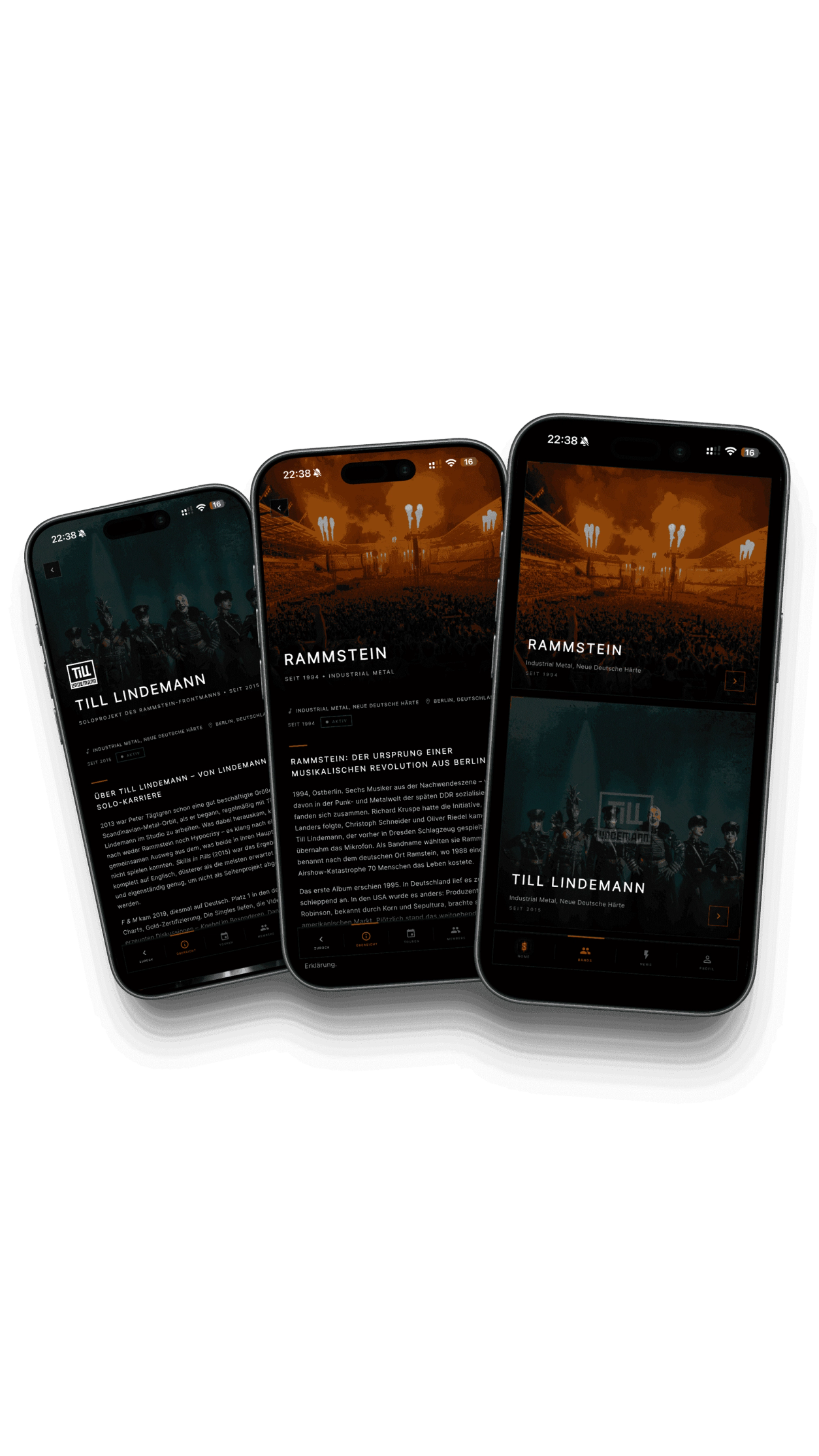 App-Screenshot: Band-Profil von Rammstein und Till Lindemann mit Bio und Fotos