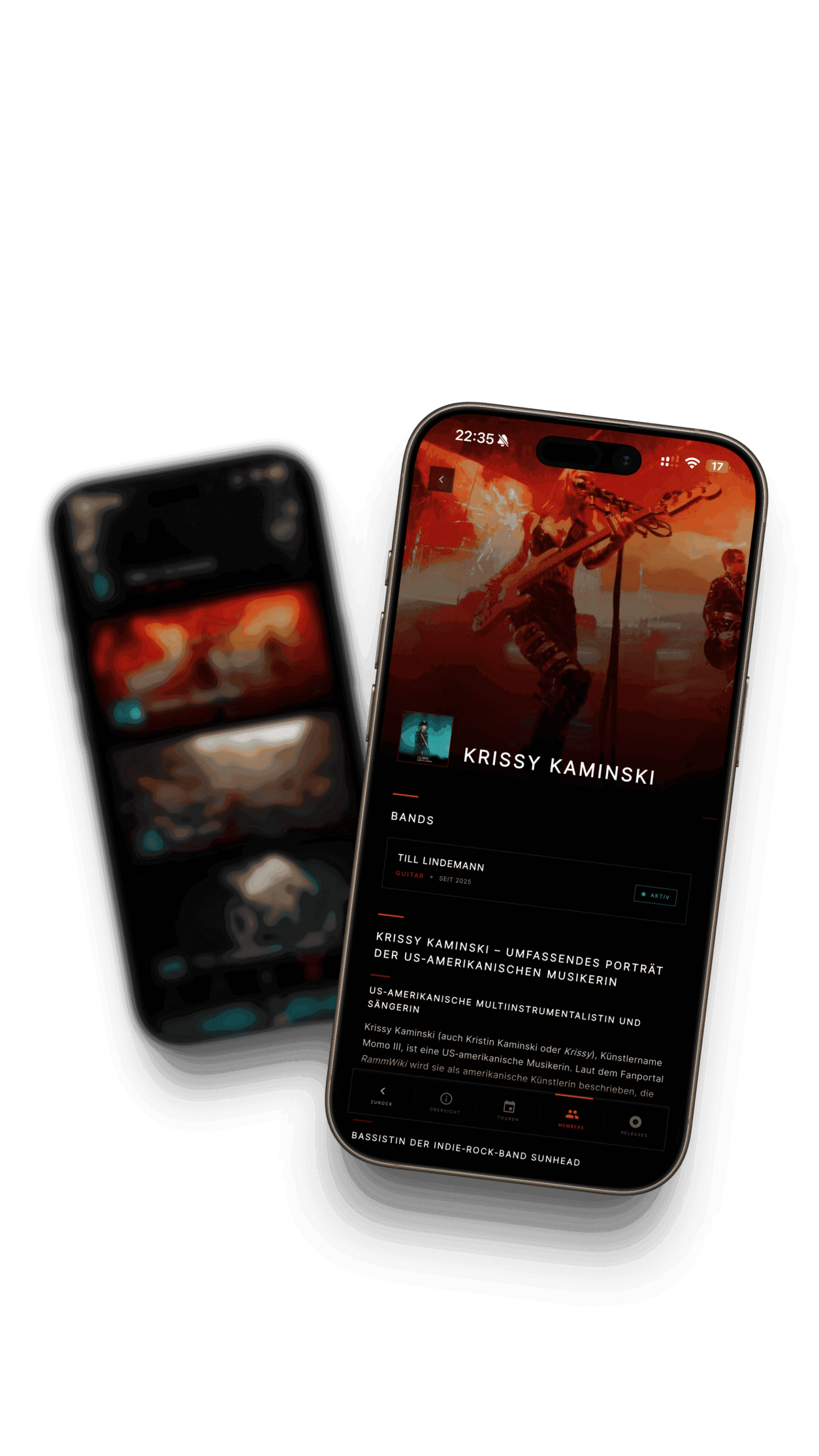 App-Screenshot: Mitglieder-Profil von Krissy Kaminski mit Band-Historie