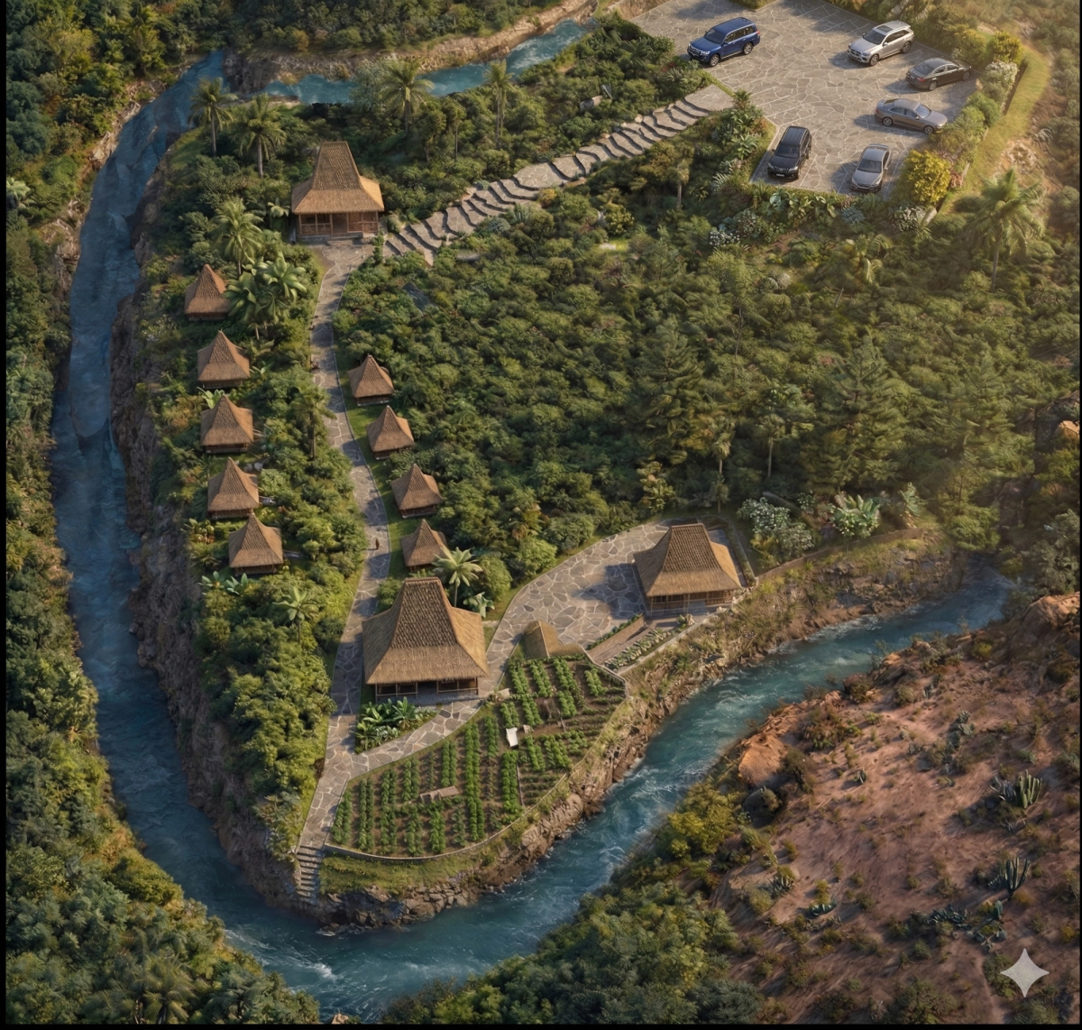Concept visualization of the future Rumah Tenun, with Sumbanese roof forms, gardens and a river landscape