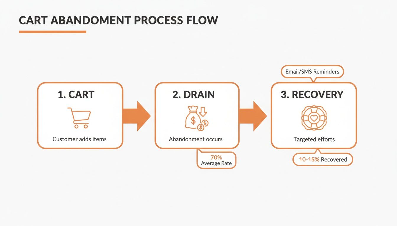 A cart abandonment process flow diagram showing stages from adding items to recovery efforts.
