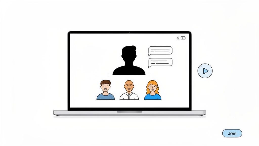 Illustration of a laptop showing a video call with a speaker, attendees, chat, and a join button.