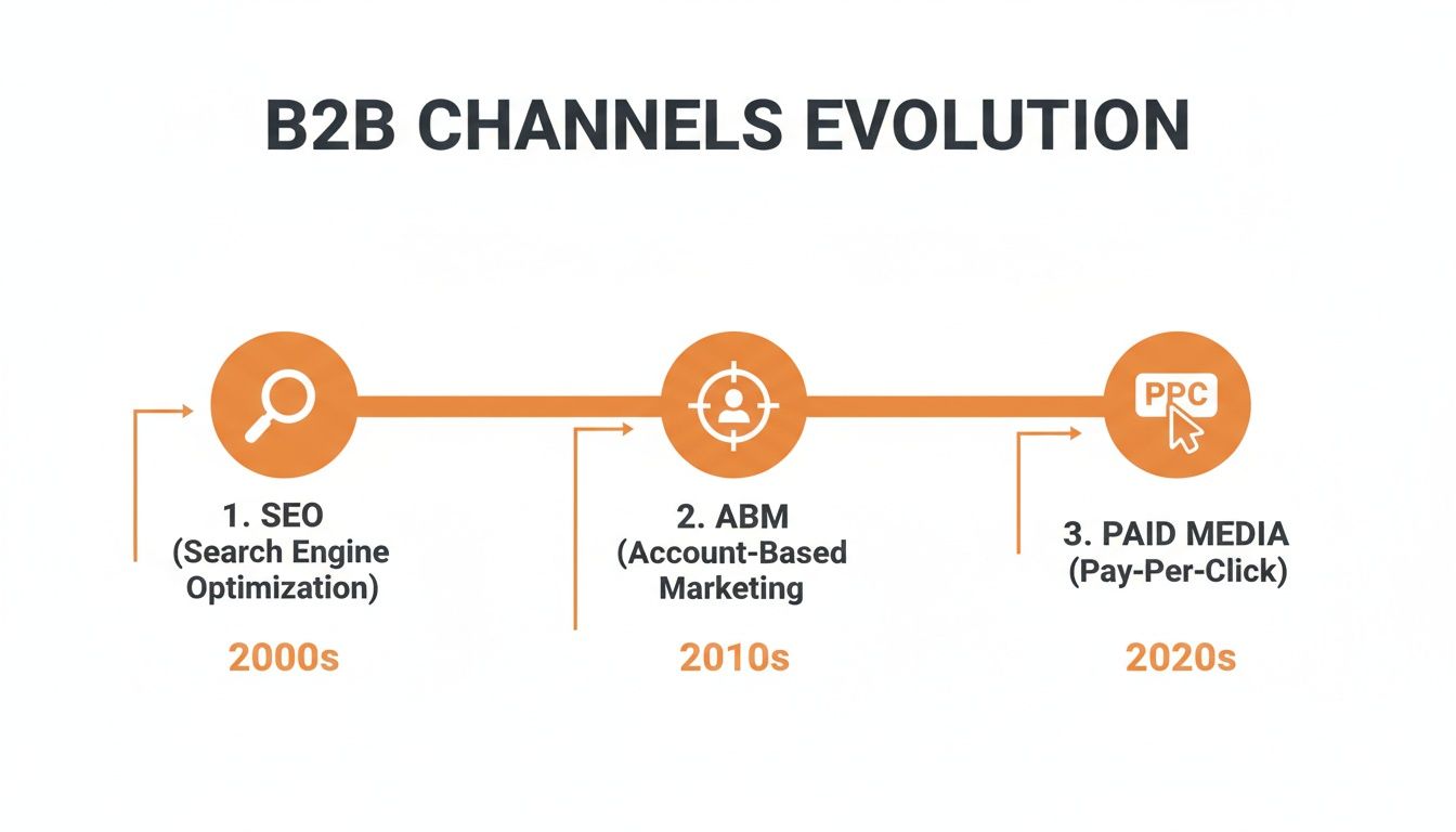 Infographic displaying B2B channel evolution: SEO (2000s), ABM (2010s), and Paid Media (2020s).