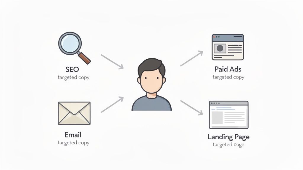 Marketing diagram showing SEO, Email, Paid Ads, and Landing Page targeting a customer.