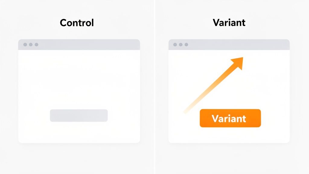 Illustration comparing a control website design with a variant featuring an orange button and an upward arrow.