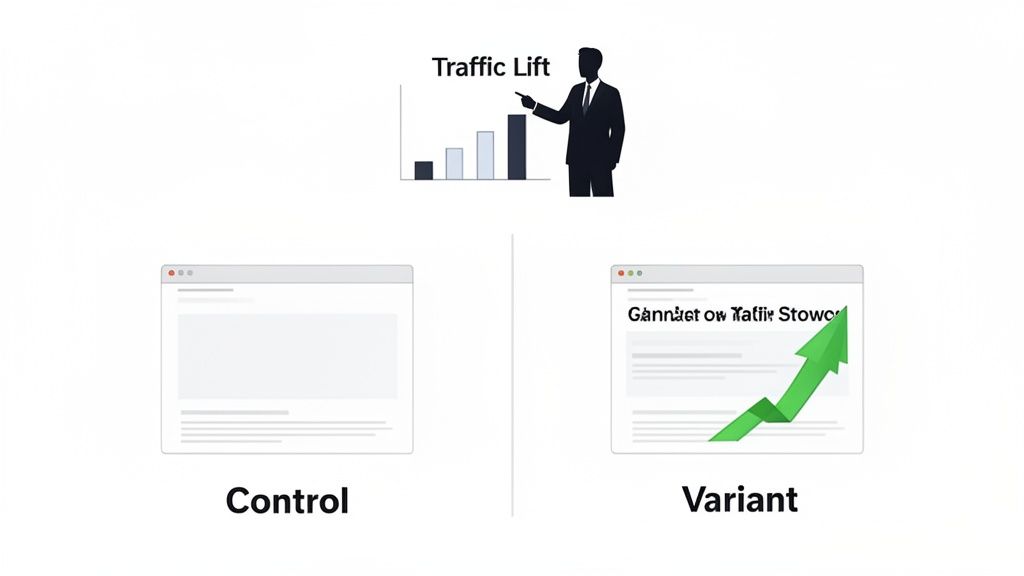 An illustration comparing A/B testing control and variant web pages, showing traffic lift from the variant.