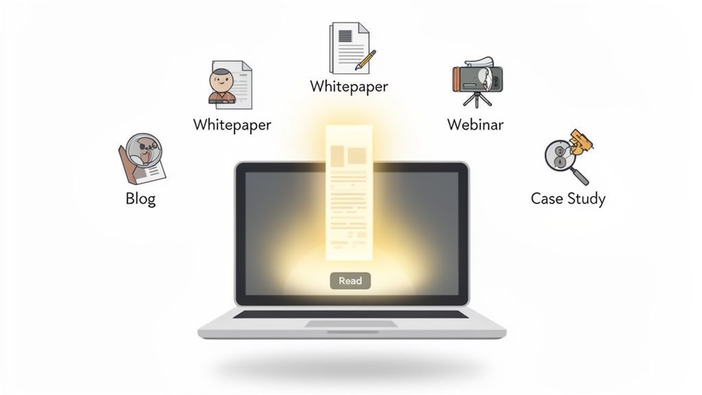 Laptop with a glowing document emerging, surrounded by icons for blog, whitepaper, webinar, and case study content.
