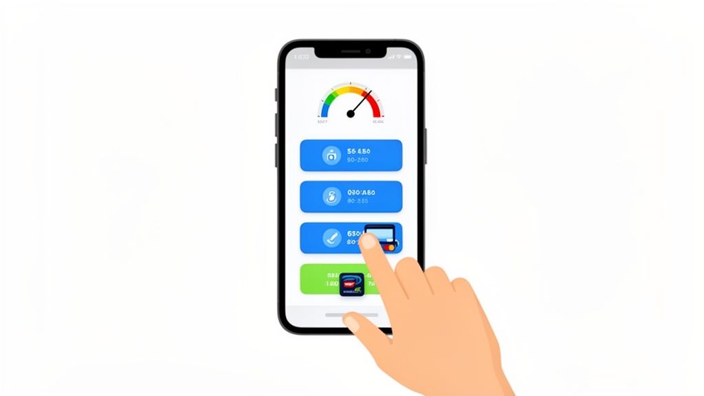 A hand taps a smartphone app displaying a credit score meter and financial management options.