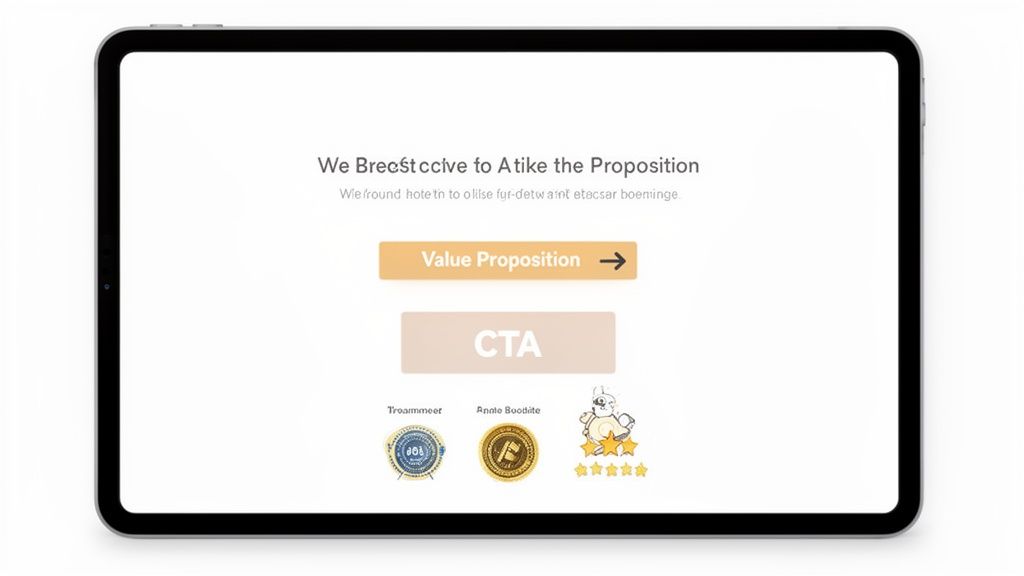 A tablet displays a landing page featuring a 'Value Proposition' button, a 'CTA', and trust badges.