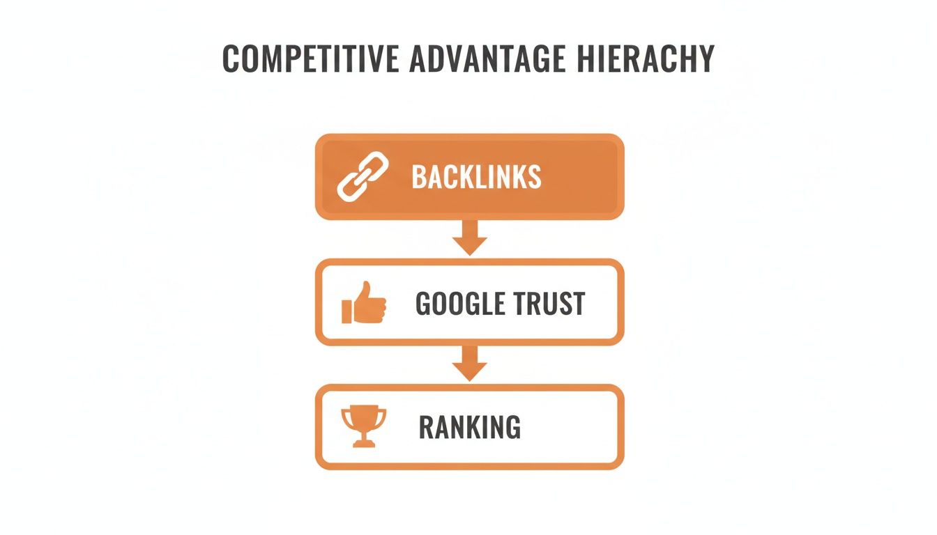 Hierarchy diagram showing how backlinks contribute to Google Trust and improved search engine ranking.