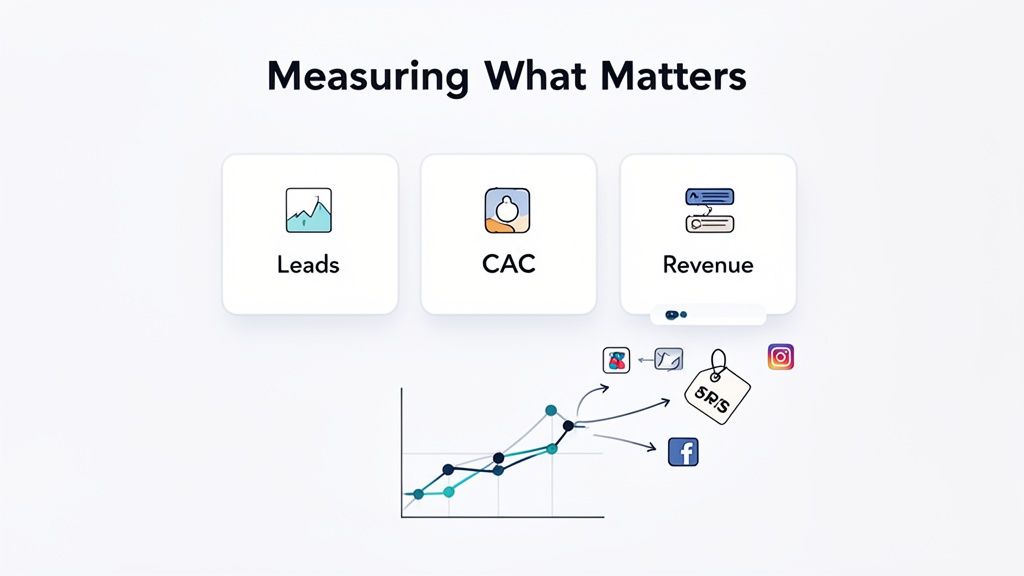 Illustration showing key business metrics: Leads, CAC, Revenue, with a growth graph and social media icons.