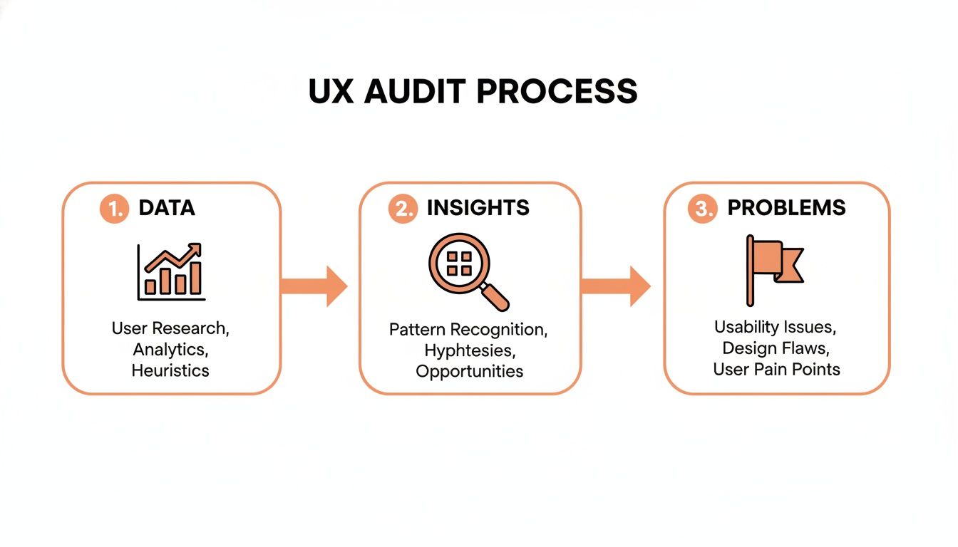 Flowchart showing the UX audit process: data collection, insights generation, and problem identification.