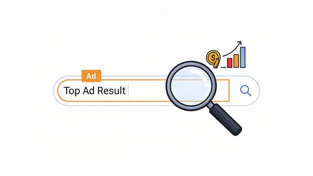 A search bar showing 'Top Ad Result' next to a magnifying glass, money, and a growth chart, symbolizing successful paid advertising.