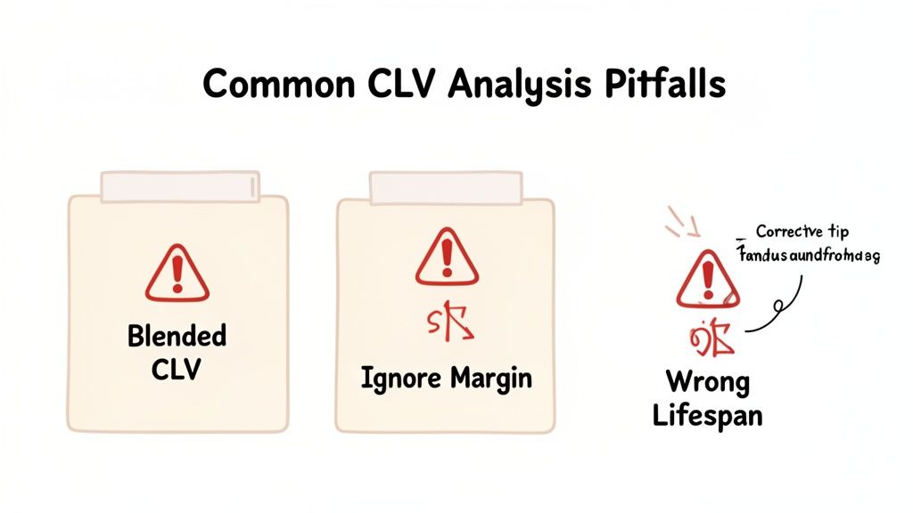 An infographic illustrating common pitfalls in customer lifetime value (CLV) analysis, including blended CLV, ignoring margin, and wrong lifespan.