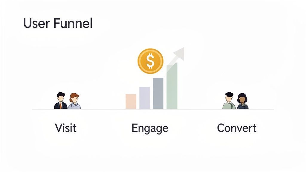 Illustration of a user funnel showing Visit, Engage with growth, and Convert stages for user experience.