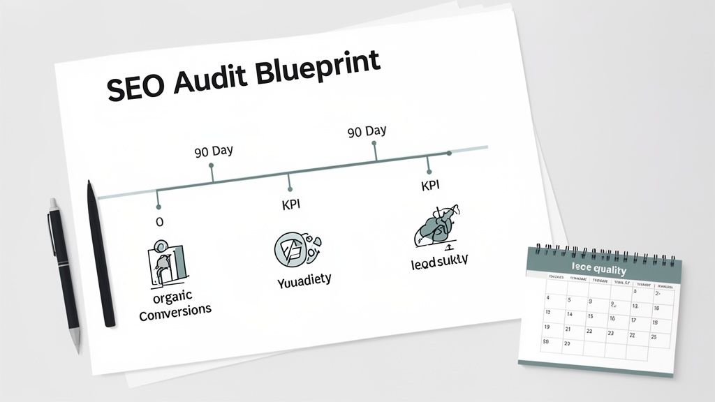 An SEO Audit Blueprint on paper showing a timeline with KPIs, organic conversions, and other metrics.