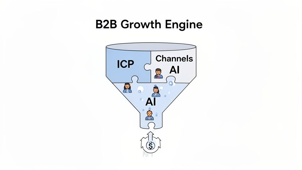 A B2B Growth Engine funnel diagram illustrating ICP, Channels, and AI working together to drive revenue.