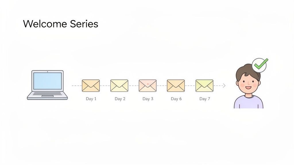 A diagram illustrating a welcome email series flow: laptop, five mail envelopes (Day 1, 2, 3, 6, 7), leading to a happy recipient.