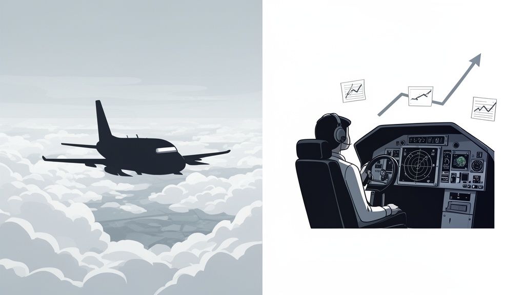 An airplane flies above clouds, while a pilot analyzes data showing an upward trend in a cockpit.